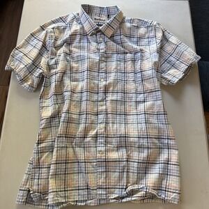 Barbour Mens L Linen Cotton Check Camp Shirt Short Sleeve Button Down Plaid